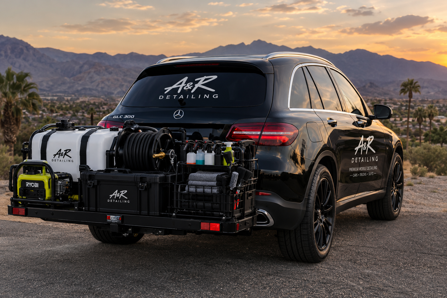 A&R mobile detailing setup beside a Mercedes GLC