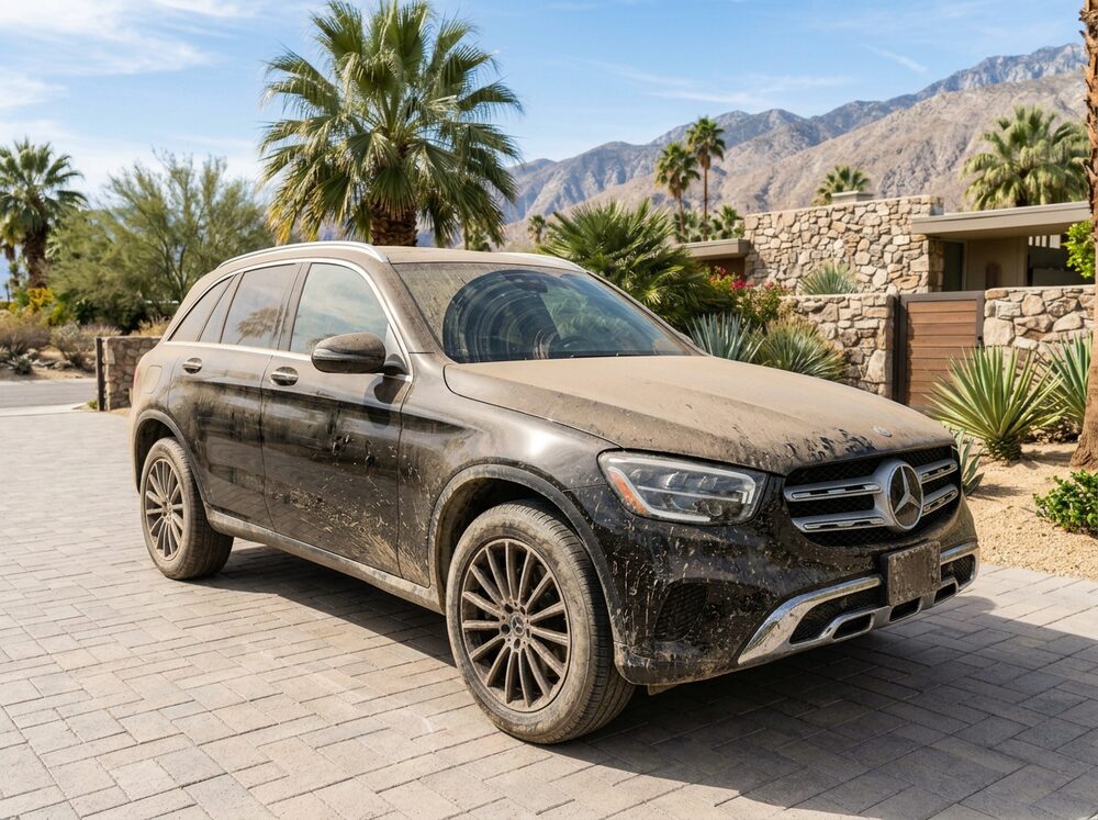 Dusty, mud-splattered Mercedes-Benz GLC before detailing